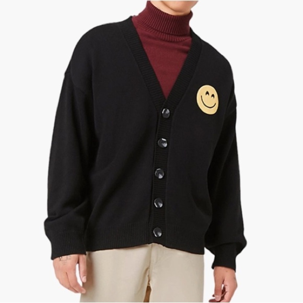 Forever 21 Cotton Blend Black Knit Buttoned Smile Face Mens Cardigan M